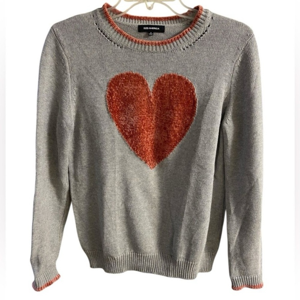 525 America Gray Sweater with Orange Heart chenille Medium